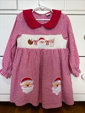 Girls' Red Gingham Santa Smocked Holiday Dress Christmas Christmas Eve Festive